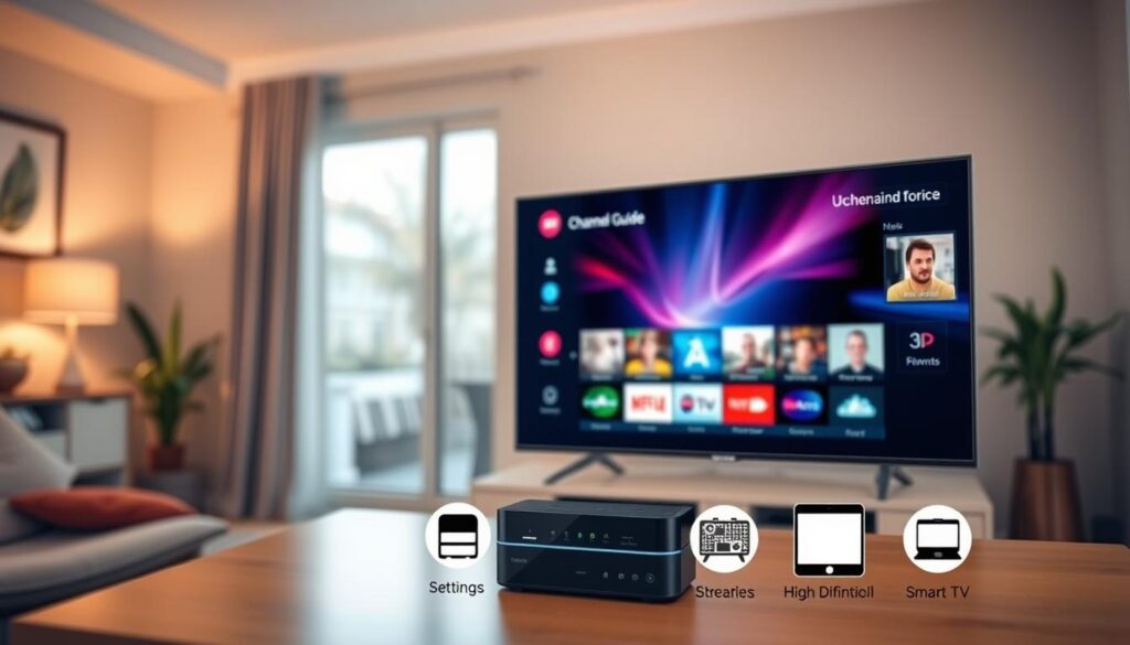 A modern IPTV player interface displayed prominently in the foreground, showcasing features like a user-friendly channel guide, settings menu, and media playback options. The middle ground features a sleek, high-definition smart TV displaying vibrant streaming content, surrounded by various device icons representing compatibility with smartphones, tablets, and smart TVs. The background is a cozy living room setting with soft ambient lighting, creating a warm and inviting atmosphere. The scene captures a dynamic sense of innovation and convenience, emphasizing the technology's accessibility. Use a slightly blurred depth of field to focus on the IPTV player, with soft natural light coming from a nearby window, enhancing the overall visual appeal without any text or overlays. A modern IPTV player interface displayed prominently in the foreground, showcasing features like a user-friendly channel guide, settings menu, and media playback options. The middle ground features a sleek, high-definition smart TV displaying vibrant streaming content, surrounded by various device icons representing compatibility with smartphones, tablets, and smart TVs. The background is a cozy living room setting with soft ambient lighting, creating a warm and inviting atmosphere. The scene captures a dynamic sense of innovation and convenience, emphasizing the technology's accessibility. Use a slightly blurred depth of field to focus on the IPTV player, with soft natural light coming from a nearby window, enhancing the overall visual appeal without any text or overlays.