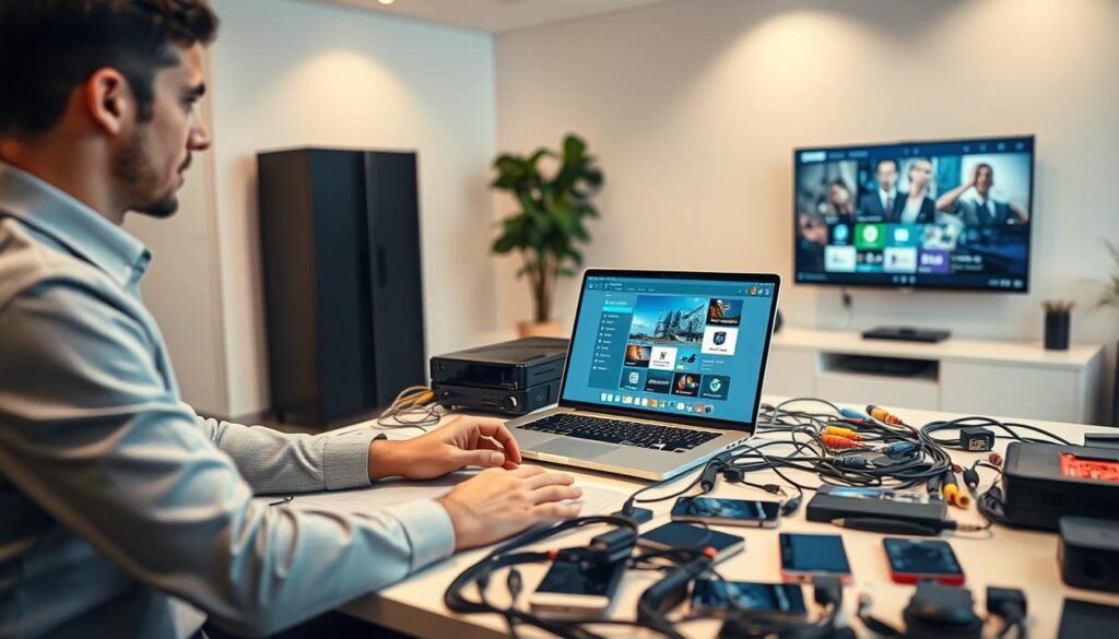 A modern IPTV restream setup scene, vividly illustrating the process of onboarding. In the foreground, a professional individual in smart casual attire is seated at a sleek desk, configuring a laptop with IPTV applications displayed on the screen. The middle layer showcases various technical equipment: a high-definition streaming device, numerous colorful cables, and an organized workspace filled with digital tools like smartphones and tablets. In the background, a bright and inviting room with soft, warm lighting enhances the atmosphere of simplicity and comfort, featuring a wall-mounted TV playing IPTV content. The composition should convey a sense of clarity, ease, and professionalism, with a clean viewpoint from slightly above eye level.