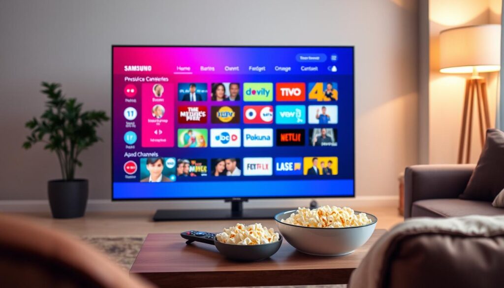 A modern Samsung Smart TV displaying the Kemo IPTV app interface, set in a cozy living room environment. In the foreground, the TV screen showcases vibrant channel options and a user-friendly layout, emphasizing the app's flexible setup and broad channel coverage. The middle layer features a stylish coffee table with a remote control and a bowl of popcorn, inviting a relaxed viewing experience. In the background, soft ambient lighting from a floor lamp casts a warm glow, enhancing a welcoming atmosphere. The scene is framed from a slightly angled perspective, creating depth, and the overall mood is one of comfort and convenience, ideal for enjoying a variety of television programming. A modern Samsung Smart TV displaying the Kemo IPTV app interface, set in a cozy living room environment. In the foreground, the TV screen showcases vibrant channel options and a user-friendly layout, emphasizing the app's flexible setup and broad channel coverage. The middle layer features a stylish coffee table with a remote control and a bowl of popcorn, inviting a relaxed viewing experience. In the background, soft ambient lighting from a floor lamp casts a warm glow, enhancing a welcoming atmosphere. The scene is framed from a slightly angled perspective, creating depth, and the overall mood is one of comfort and convenience, ideal for enjoying a variety of television programming.