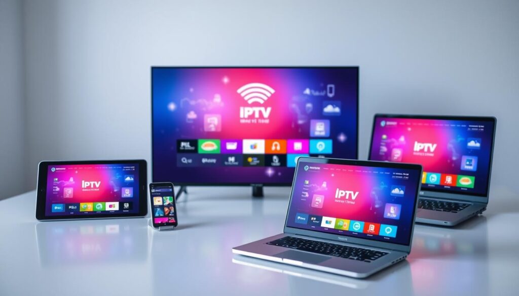 A modern digital device compatibility showcase, featuring various gadgets such as a smart TV, tablet, smartphone, and laptop, elegantly arranged on a sleek surface. In the foreground, the devices display the Hot IPTV app interface on their screens, reflecting vibrant colors and user-friendly design. In the middle background, a subtle blend of abstract technology elements and icons representing streaming compatibility, like Wi-Fi and HDMI connections, are softly illuminated. The atmosphere is bright and professional, with soft, diffused lighting that enhances the sleek devices. The camera angle is slightly tilted to provide depth, focusing on the devices while maintaining a clean, minimalist aesthetic. The overall mood conveys innovation and accessibility in streaming technology.