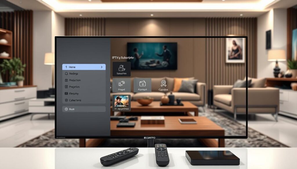 A modern digital display showcasing IPTV Smart Subscription features in a sleek living room setting. In the foreground, a smart television screen prominently displays an inviting user interface with various subscription options and in-app purchases highlighted. The middle ground features a stylish coffee table scattered with a remote control and digital devices, symbolizing convenience. In the background, soft ambient lighting creates a cozy atmosphere, with a well-furnished room that includes comfortable seating and tasteful decor. The scene is shot with a wide-angle lens to capture the space, emphasizing a contemporary, tech-savvy vibe. The overall mood conveys reliability and innovation in home entertainment streaming.