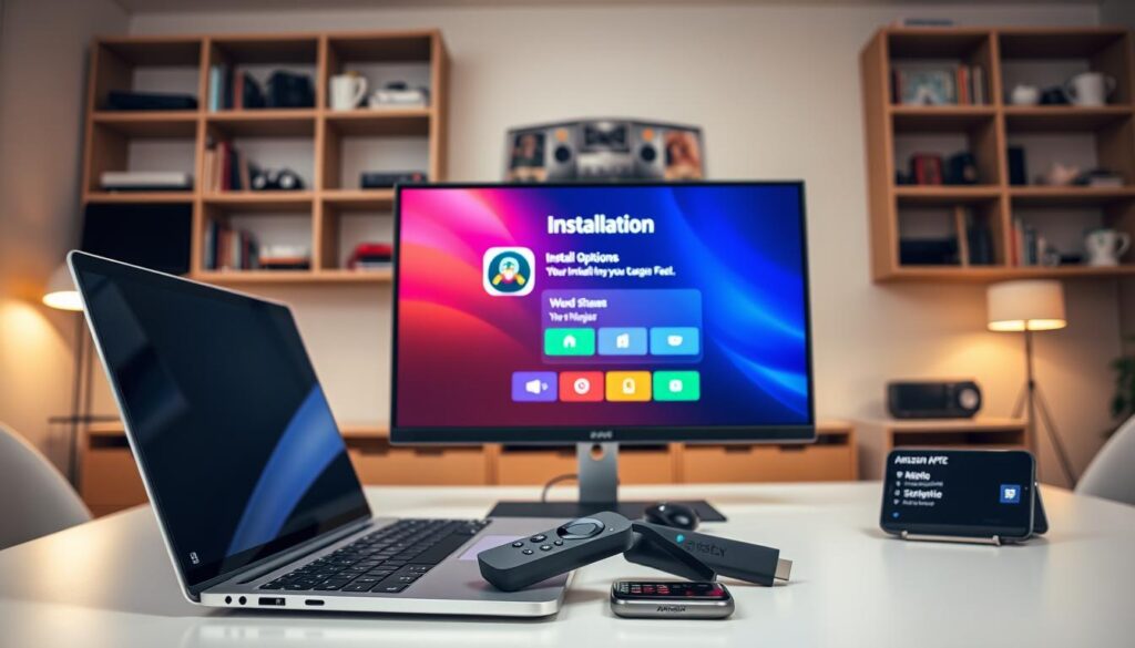 A modern digital workspace featuring a computer monitor displaying an IPTV player app installation screen. In the foreground, a sleek laptop lies open, showcasing the app interface with vibrant colors and icons for installation options. The middle ground includes a stylish desk with a remote control, an Amazon Firestick device, and a phone with streaming app notifications. The background shows a warm-lit room with bookshelves filled with tech gadgets and light-colored walls, creating a cozy yet professional atmosphere. Soft, diffused lighting illuminates the scene, highlighting the functionality of the IPTV player. The overall mood is inviting and tech-savvy, emphasizing safety and ease of use. A modern digital workspace featuring a computer monitor displaying an IPTV player app installation screen. In the foreground, a sleek laptop lies open, showcasing the app interface with vibrant colors and icons for installation options. The middle ground includes a stylish desk with a remote control, an Amazon Firestick device, and a phone with streaming app notifications. The background shows a warm-lit room with bookshelves filled with tech gadgets and light-colored walls, creating a cozy yet professional atmosphere. Soft, diffused lighting illuminates the scene, highlighting the functionality of the IPTV player. The overall mood is inviting and tech-savvy, emphasizing safety and ease of use.