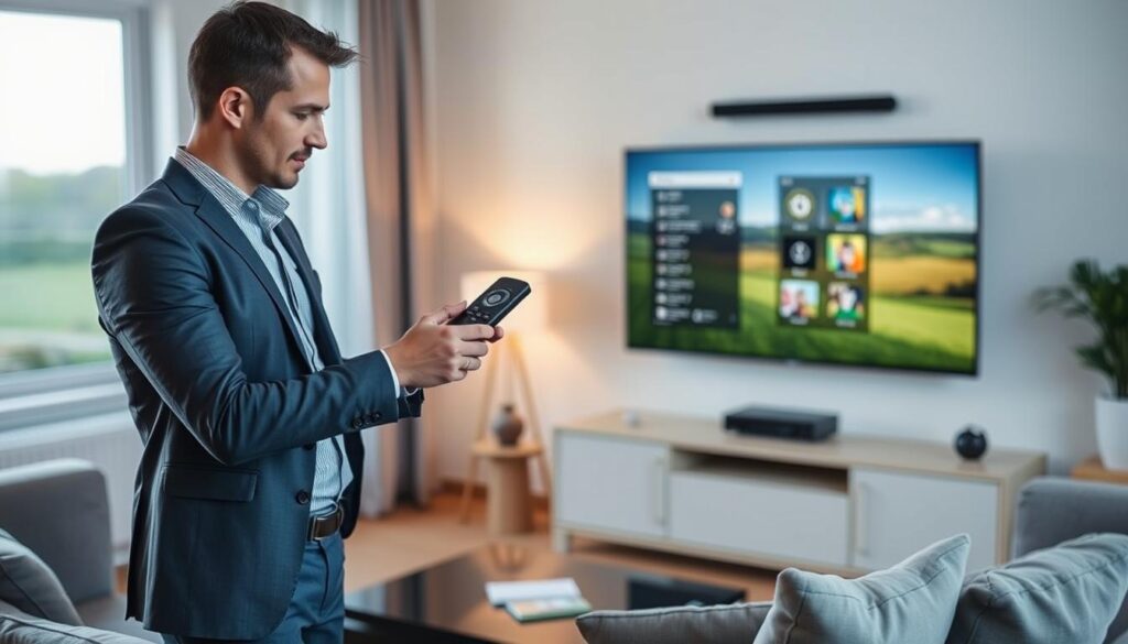 A modern home interior depicting a cozy living room setup for configuring IPTV on a Dreambox 800 HD. In the foreground, a professional individual, wearing smart casual attire, is attentively examining the Dreambox device while adjusting a remote control. The middle layer features the Dreambox connected to a modern television, displaying a user-friendly interface. Soft ambient lighting fills the room, creating a warm and inviting atmosphere. In the background, a window lets in natural light, revealing a scenic view of the Irish countryside, subtly evoking a sense of place. This composition conveys a tech-savvy yet homey vibe, emphasizing safe and easy IPTV setup in Ireland. A modern home interior depicting a cozy living room setup for configuring IPTV on a Dreambox 800 HD. In the foreground, a professional individual, wearing smart casual attire, is attentively examining the Dreambox device while adjusting a remote control. The middle layer features the Dreambox connected to a modern television, displaying a user-friendly interface. Soft ambient lighting fills the room, creating a warm and inviting atmosphere. In the background, a window lets in natural light, revealing a scenic view of the Irish countryside, subtly evoking a sense of place. This composition conveys a tech-savvy yet homey vibe, emphasizing safe and easy IPTV setup in Ireland.
