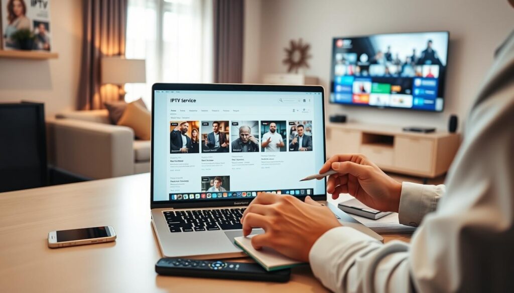 A modern home office scene focused on a stylish workspace, featuring a laptop open to an IPTV service website on the screen. In the foreground, a person in casual professional attire, such as a button-up shirt and slacks, is attentively reviewing options on the laptop and making notes on a notepad. In the middle, a clutter-free desk with accessories like a smartphone, remote control, and IPTV guidebook add context. In the background, a cozy living room is visible, showcasing a wall-mounted TV displaying diverse IPTV content, with soft, warm lighting that creates an inviting atmosphere. Natural light filters in through a window, enhancing the cheerful mood of discovering IPTV services in Ireland. A modern home office scene focused on a stylish workspace, featuring a laptop open to an IPTV service website on the screen. In the foreground, a person in casual professional attire, such as a button-up shirt and slacks, is attentively reviewing options on the laptop and making notes on a notepad. In the middle, a clutter-free desk with accessories like a smartphone, remote control, and IPTV guidebook add context. In the background, a cozy living room is visible, showcasing a wall-mounted TV displaying diverse IPTV content, with soft, warm lighting that creates an inviting atmosphere. Natural light filters in through a window, enhancing the cheerful mood of discovering IPTV services in Ireland.