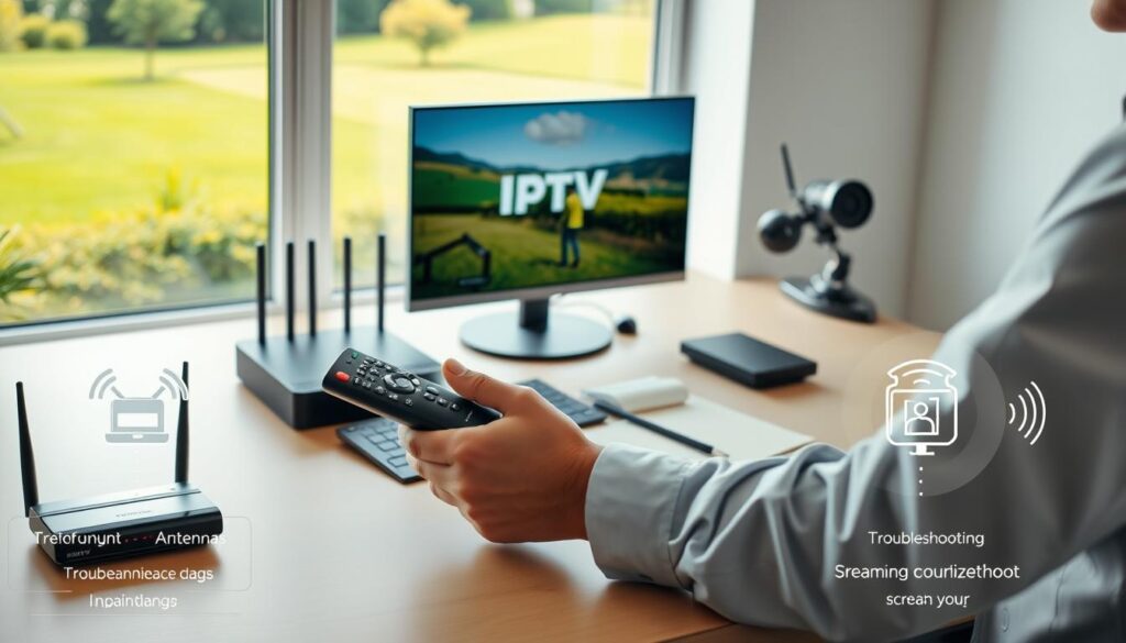 A modern home office setting in Ireland, showcasing a sleek desk with a computer displaying IPTV streaming. In the foreground, a person in professional attire, focused and engaged, uses a remote control and a notepad with regular maintenance tips. The middle ground features various tech gadgets like routers and antennas neatly placed, emphasizing troubleshooting aspects, alongside graphical icons symbolizing streaming issues. The background shows a window overlooking a lush green Irish landscape, bathed in soft, warm daylight for an inviting atmosphere. The lighting is bright yet soft, capturing a productive and proactive mood, suggesting efficiency and smooth streaming without buffering. A modern home office setting in Ireland, showcasing a sleek desk with a computer displaying IPTV streaming. In the foreground, a person in professional attire, focused and engaged, uses a remote control and a notepad with regular maintenance tips. The middle ground features various tech gadgets like routers and antennas neatly placed, emphasizing troubleshooting aspects, alongside graphical icons symbolizing streaming issues. The background shows a window overlooking a lush green Irish landscape, bathed in soft, warm daylight for an inviting atmosphere. The lighting is bright yet soft, capturing a productive and proactive mood, suggesting efficiency and smooth streaming without buffering.