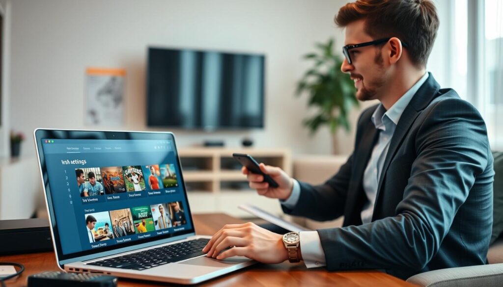 A modern home office setup featuring a person in professional casual attire, focused on configuring an IPTV player on a laptop. In the foreground, the laptop screen displays a user-friendly IPTV interface featuring Irish TV channels and live sports options. The middle layer shows the person actively navigating the settings, surrounded by helpful tools like a remote control, smartphone, and user manual. In the background, a cozy living room ambiance with soft daylight filtering through a window, creating a warm and inviting atmosphere. The overall mood conveys ease and satisfaction, highlighting simplicity in technology use. The scene is well-lit, emphasizing the clarity of the screen and the focus on the user's engagement with the IPTV setup.
