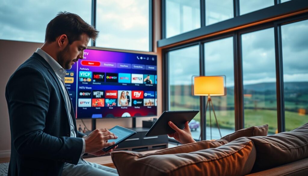 A modern home setting featuring a sleek television displaying a vibrant IPTV interface, showcasing a variety of channels tailored for Irish viewers. In the foreground, a professional-looking individual, dressed in smart casual attire, is using a tablet to explore M3U IPTV options. The middle ground shows a comfortable sofa with a cozy atmosphere, illuminated by warm, soft lighting from a nearby lamp, creating an inviting mood. In the background, large windows reveal a scenic Irish landscape, integrating green hills and a cloudy sky. The angle is slightly tilted to emphasize the interaction between the person and the device, highlighting the technological aspect while maintaining a homely feel. A modern home setting featuring a sleek television displaying a vibrant IPTV interface, showcasing a variety of channels tailored for Irish viewers. In the foreground, a professional-looking individual, dressed in smart casual attire, is using a tablet to explore M3U IPTV options. The middle ground shows a comfortable sofa with a cozy atmosphere, illuminated by warm, soft lighting from a nearby lamp, creating an inviting mood. In the background, large windows reveal a scenic Irish landscape, integrating green hills and a cloudy sky. The angle is slightly tilted to emphasize the interaction between the person and the device, highlighting the technological aspect while maintaining a homely feel.
