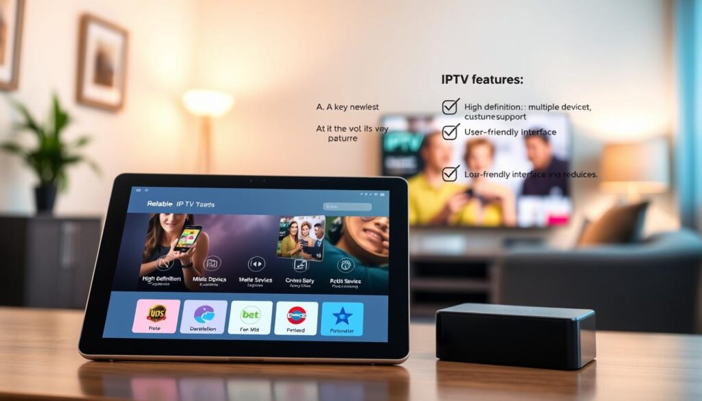 A modern, informative illustration depicting the key features of a reliable Irish IPTV provider. In the foreground, a sleek tablet displaying a vibrant user interface with streaming options and icons representing various channels. In the middle ground, visual elements such as a checklist with icons for features like "High Definition," "Multiple Devices," "Customer Support," and "User-Friendly Interface." In the background, a soft blur of a cozy living room with a television showing scenes of popular Irish shows. The lighting is warm and inviting, creating a comfortable atmosphere. The perspective offers a slight bird’s eye view, enhancing the sense of engagement with the IPTV features. The mood is friendly and professional, appealing to viewers exploring their IPTV options. A modern, informative illustration depicting the key features of a reliable Irish IPTV provider. In the foreground, a sleek tablet displaying a vibrant user interface with streaming options and icons representing various channels. In the middle ground, visual elements such as a checklist with icons for features like "High Definition," "Multiple Devices," "Customer Support," and "User-Friendly Interface." In the background, a soft blur of a cozy living room with a television showing scenes of popular Irish shows. The lighting is warm and inviting, creating a comfortable atmosphere. The perspective offers a slight bird’s eye view, enhancing the sense of engagement with the IPTV features. The mood is friendly and professional, appealing to viewers exploring their IPTV options.