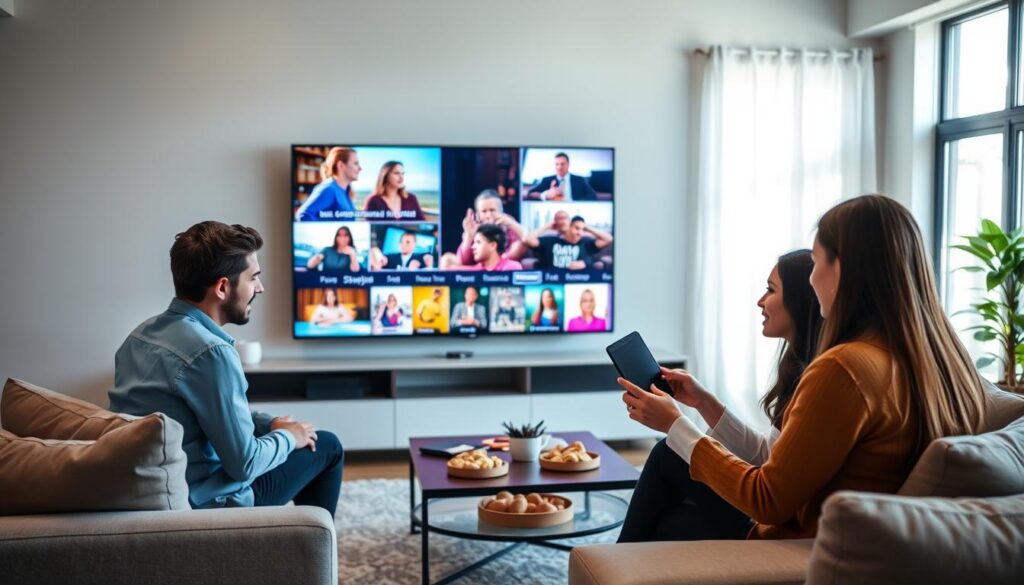 A modern living room designed for media consumption, featuring a large flat-screen TV displaying vibrant streaming visuals. In the foreground, a diverse group of three people, dressed in casual yet professional attire, actively engaging with a tablet, intently discussing the streaming quality. The middle ground showcases comfortable furniture with a coffee table scattered with snacks, hinting at a relaxed viewing setup. The background includes soft ambient lighting that creates a warm and inviting atmosphere, enhancing the feeling of home. Bright natural light filters in from a nearby window, accentuating the contemporary decor, while subtle reflections on the TV screen imply crisp, high-definition content. The overall mood conveys focus, accessibility, and enjoyment of a seamless streaming experience. A modern living room designed for media consumption, featuring a large flat-screen TV displaying vibrant streaming visuals. In the foreground, a diverse group of three people, dressed in casual yet professional attire, actively engaging with a tablet, intently discussing the streaming quality. The middle ground showcases comfortable furniture with a coffee table scattered with snacks, hinting at a relaxed viewing setup. The background includes soft ambient lighting that creates a warm and inviting atmosphere, enhancing the feeling of home. Bright natural light filters in from a nearby window, accentuating the contemporary decor, while subtle reflections on the TV screen imply crisp, high-definition content. The overall mood conveys focus, accessibility, and enjoyment of a seamless streaming experience.