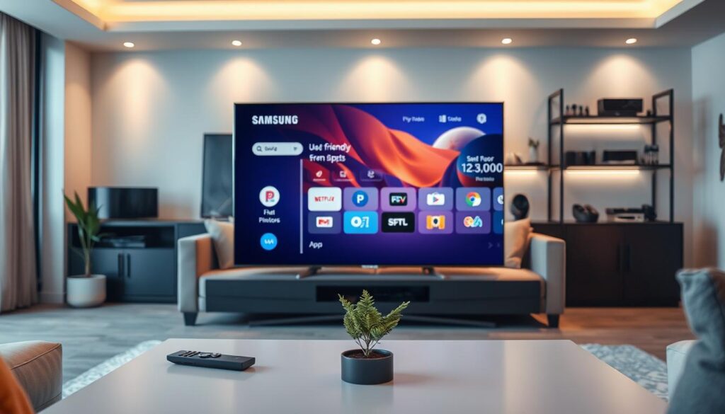 A modern living room featuring a Samsung Smart TV displaying a user-friendly IPTV app interface. In the foreground, a sleek coffee table holds a remote control and a small plant, while in the middle, a comfortable couch is adorned with cushions, inviting relaxation. Soft, ambient lighting enhances the warm and cozy atmosphere, creating a welcoming space for entertainment. In the background, stylish shelves display tech gadgets and decor, adding depth to the scene. The overall mood is professional yet inviting, ideal for showcasing IPTV services. Use a wide-angle lens to capture the entire room, emphasizing the Smart TV as the focal point.
