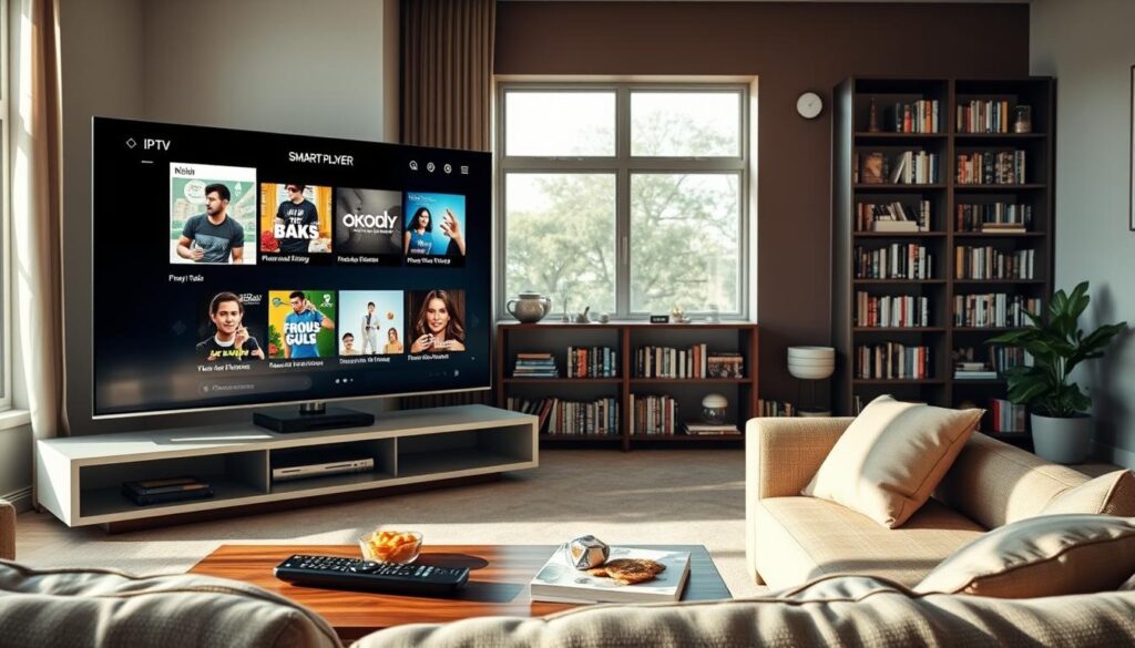 A modern living room featuring a high-definition TV displaying the IPTV Smart Player interface, showcasing a user-friendly menu with vibrant thumbnail images of popular Irish TV shows. In the foreground, a comfortable sofa and a coffee table with a remote control and snacks, creating a cozy viewing atmosphere. The middle ground includes a stylish bookshelf filled with DVDs and books. The background reveals a large window with soft, natural sunlight filtering through, illuminating the room with a warm glow. The overall mood is inviting and relaxed, reflecting a pleasant home entertainment experience in Ireland. The composition uses a wide-angle lens to capture the entire space, evoking a sense of comfort and functionality.