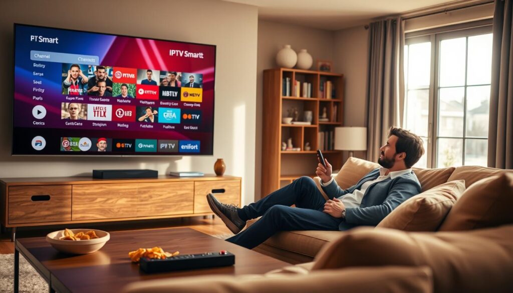 A modern living room featuring a large flat-screen TV displaying the IPTV Smart interface, with vivid colors and clear channel options. In the foreground, a stylish coffee table holds a remote control and snacks. In the middle ground, a comfortable sofa is adorned with plush cushions, and a person in smart casual attire is relaxed, holding the remote and watching intently. The background includes a cozy bookshelf filled with books and decorative items, bathed in warm natural light filtering through a large window. The atmosphere is inviting and serene, highlighting the reliability and clarity of IPTV streaming in Ireland, showcasing the enjoyment of seamless viewing experiences.