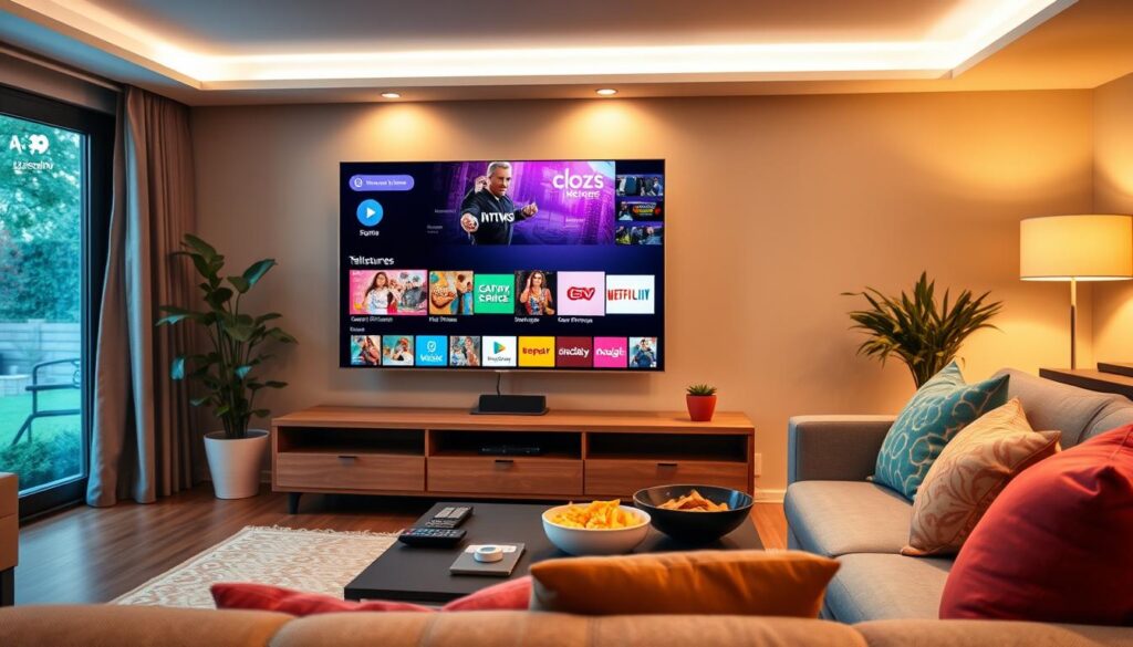 A modern living room featuring a sleek Samsung Smart TV displaying the Tellystudio IPTV app interface, showcasing vibrant channels and user-friendly features. In the foreground, a comfortable sofa is adorned with colorful cushions, inviting viewers to relax. On a stylish coffee table, there are remote controls and a bowl of snacks, suggesting a cozy viewing experience. The background features warm ambient lighting that creates a welcoming atmosphere, and a window that reveals a serene garden view. The image is captured from a slight angle to emphasize the TV and app display, with soft focus on the surrounding furniture to draw attention to the IPTV application. The overall mood is relaxed and inviting, perfect for family entertainment. A modern living room featuring a sleek Samsung Smart TV displaying the Tellystudio IPTV app interface, showcasing vibrant channels and user-friendly features. In the foreground, a comfortable sofa is adorned with colorful cushions, inviting viewers to relax. On a stylish coffee table, there are remote controls and a bowl of snacks, suggesting a cozy viewing experience. The background features warm ambient lighting that creates a welcoming atmosphere, and a window that reveals a serene garden view. The image is captured from a slight angle to emphasize the TV and app display, with soft focus on the surrounding furniture to draw attention to the IPTV application. The overall mood is relaxed and inviting, perfect for family entertainment.