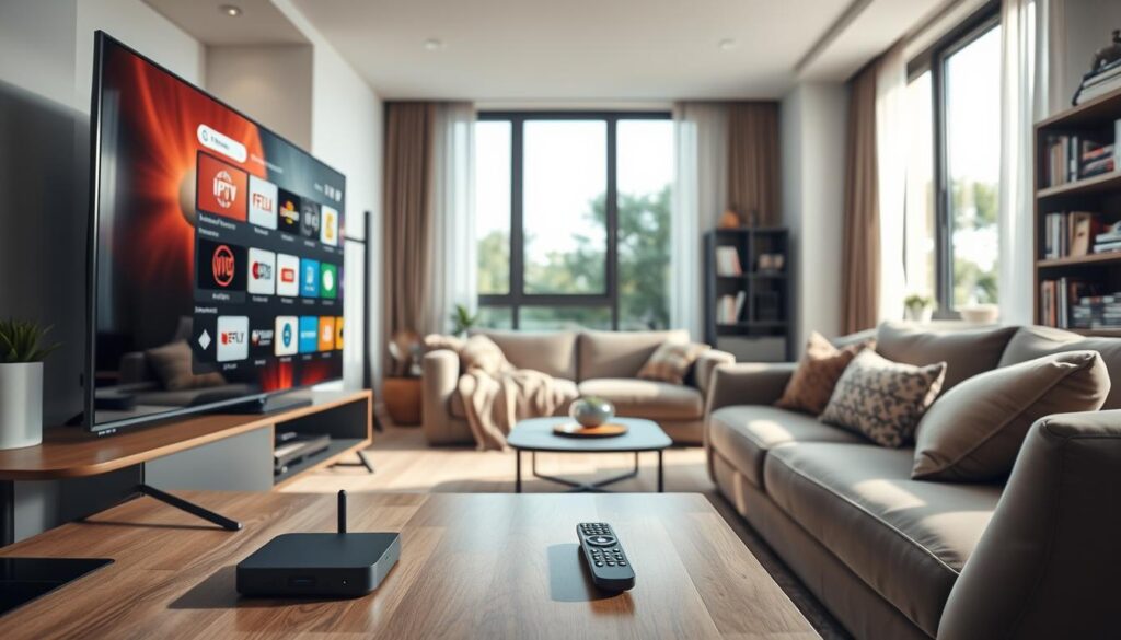 A modern living room featuring essential devices for IPTV viewing. In the foreground, there's a sleek smart television displaying an IPTV interface with colorful channels. Beside the TV, a streaming device and a remote control rest on a stylish coffee table. In the middle ground, a comfortable couch faces the TV, accented by a cozy throw and decorative cushions. A bookshelf with tech gadgets and guides about IPTV sits to the side. The background shows a large window with natural light pouring in, enhancing the welcoming atmosphere. The scene is well-lit, with soft reflections on the TV screen, captured from an eye-level angle to give an immersive feel of modern home entertainment. The overall mood is relaxed and tech-savvy. A modern living room featuring essential devices for IPTV viewing. In the foreground, there's a sleek smart television displaying an IPTV interface with colorful channels. Beside the TV, a streaming device and a remote control rest on a stylish coffee table. In the middle ground, a comfortable couch faces the TV, accented by a cozy throw and decorative cushions. A bookshelf with tech gadgets and guides about IPTV sits to the side. The background shows a large window with natural light pouring in, enhancing the welcoming atmosphere. The scene is well-lit, with soft reflections on the TV screen, captured from an eye-level angle to give an immersive feel of modern home entertainment. The overall mood is relaxed and tech-savvy.