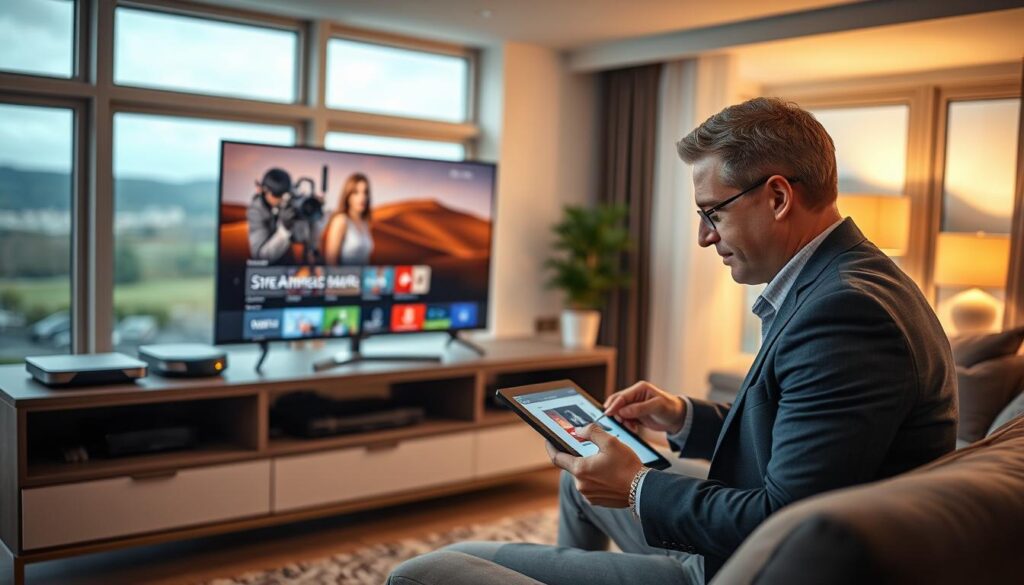 A modern living room in Ireland featuring a sleek IPTV setup with various streaming devices prominently displayed on a stylish entertainment unit. In the foreground, a professional-looking person dressed in smart casual attire is using a tablet to control the streaming quality, their focused expression indicating optimization efforts. In the middle ground, the IPTV screen shows a vibrant image of a popular streaming interface without buffering icons, symbolizing smooth playback. The background includes a cozy, well-lit atmosphere, with large windows showing a glimpse of the Irish landscape outside. The lighting is warm and inviting, creating a sense of comfort and modernity. The angle captures both the person and the IPTV setup, illustrating the idea of seamless streaming. A modern living room in Ireland featuring a sleek IPTV setup with various streaming devices prominently displayed on a stylish entertainment unit. In the foreground, a professional-looking person dressed in smart casual attire is using a tablet to control the streaming quality, their focused expression indicating optimization efforts. In the middle ground, the IPTV screen shows a vibrant image of a popular streaming interface without buffering icons, symbolizing smooth playback. The background includes a cozy, well-lit atmosphere, with large windows showing a glimpse of the Irish landscape outside. The lighting is warm and inviting, creating a sense of comfort and modernity. The angle captures both the person and the IPTV setup, illustrating the idea of seamless streaming.