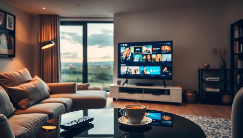 A modern living room in Ireland, with a comfortable sofa and an elegant coffee table adorned with a remote control and a steaming cup of tea. In the foreground, a large flat-screen TV displays a vibrant IPTV streaming interface showcasing various channels and shows. The middle ground features a serene view of the Irish countryside visible through a window, adding a touch of nature to the scene. Soft, warm lighting fills the room, creating a cozy atmosphere. The camera angle is slightly tilted upwards, focusing on the TV while capturing the inviting surroundings. The mood is relaxed and enjoyable, embodying the ultimate IPTV streaming experience for viewers in Ireland. A modern living room in Ireland, with a comfortable sofa and an elegant coffee table adorned with a remote control and a steaming cup of tea. In the foreground, a large flat-screen TV displays a vibrant IPTV streaming interface showcasing various channels and shows. The middle ground features a serene view of the Irish countryside visible through a window, adding a touch of nature to the scene. Soft, warm lighting fills the room, creating a cozy atmosphere. The camera angle is slightly tilted upwards, focusing on the TV while capturing the inviting surroundings. The mood is relaxed and enjoyable, embodying the ultimate IPTV streaming experience for viewers in Ireland.