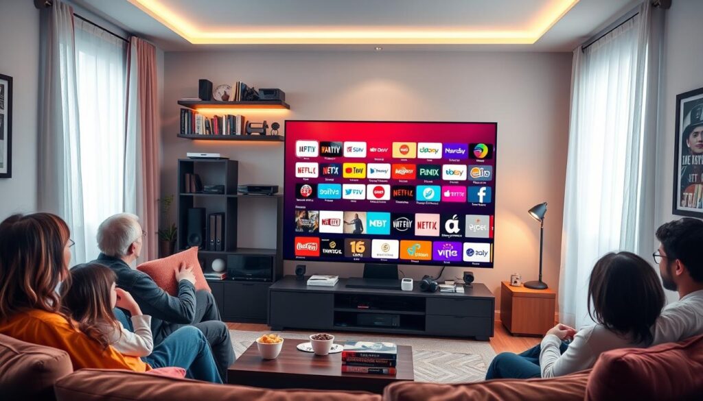 A modern living room scene depicting a family gathered around a large flat-screen TV, showcasing an extensive IPTV channel selection on the screen. In the foreground, a cozy sofa with vibrant cushions is angled towards the TV, with a neatly arranged coffee table featuring snacks. The middle background reveals a wall-mounted shelf filled with various media devices and books, while soft ambient lighting creates a warm atmosphere. The TV's interface displays a colorful array of channel icons and video on demand options, emphasizing the variety of entertainment available. The entire space is illuminated by gentle, natural light streaming through a nearby window, enhancing the inviting mood.