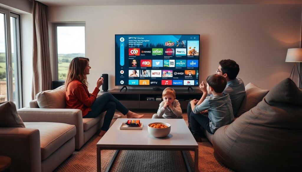 A modern living room scene featuring a family of four comfortably engaging with IPTV content on a large screen TV, showcasing a variety of family-friendly channels. The mother and father, dressed in modest casual clothing, sit on a stylish sofa, while two children are seated on a beanbag, all with focused expressions. In the foreground, a sleek coffee table holds snacks and a remote control. The middle ground highlights the large television displaying colorful IPTV menus. In the background, a well-lit window lets in natural light, revealing scenic views of a typical Irish landscape. The atmosphere is cozy and inviting, with an emphasis on stable and uninterrupted streaming. Use warm lighting to enhance the ambiance. A modern living room scene featuring a family of four comfortably engaging with IPTV content on a large screen TV, showcasing a variety of family-friendly channels. The mother and father, dressed in modest casual clothing, sit on a stylish sofa, while two children are seated on a beanbag, all with focused expressions. In the foreground, a sleek coffee table holds snacks and a remote control. The middle ground highlights the large television displaying colorful IPTV menus. In the background, a well-lit window lets in natural light, revealing scenic views of a typical Irish landscape. The atmosphere is cozy and inviting, with an emphasis on stable and uninterrupted streaming. Use warm lighting to enhance the ambiance.
