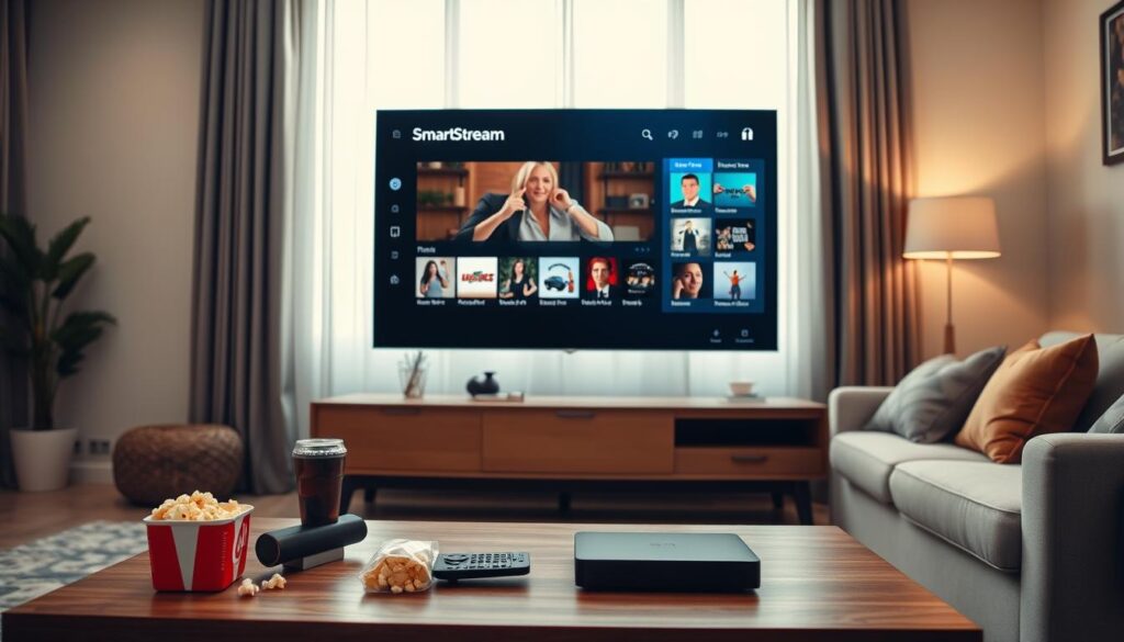 A modern living room scene featuring a sleek SmartStream Player interface displayed on a large high-definition TV screen. In the foreground, a stylish coffee table is adorned with a remote control and a few popular snack items like popcorn and soda. The middle layer showcases individuals, two adults dressed in smart casual attire, engaging with the SmartStream Player, looking excited as they browse channels. The background includes a cozy sofa with decorative cushions and soft ambient lighting that creates a warm and inviting atmosphere. Natural light filters in through a window, adding a serene ambiance. The focus is on the player’s user-friendly interface, emphasizing ease of use and enjoyment of IPTV content. A modern living room scene featuring a sleek SmartStream Player interface displayed on a large high-definition TV screen. In the foreground, a stylish coffee table is adorned with a remote control and a few popular snack items like popcorn and soda. The middle layer showcases individuals, two adults dressed in smart casual attire, engaging with the SmartStream Player, looking excited as they browse channels. The background includes a cozy sofa with decorative cushions and soft ambient lighting that creates a warm and inviting atmosphere. Natural light filters in through a window, adding a serene ambiance. The focus is on the player’s user-friendly interface, emphasizing ease of use and enjoyment of IPTV content.