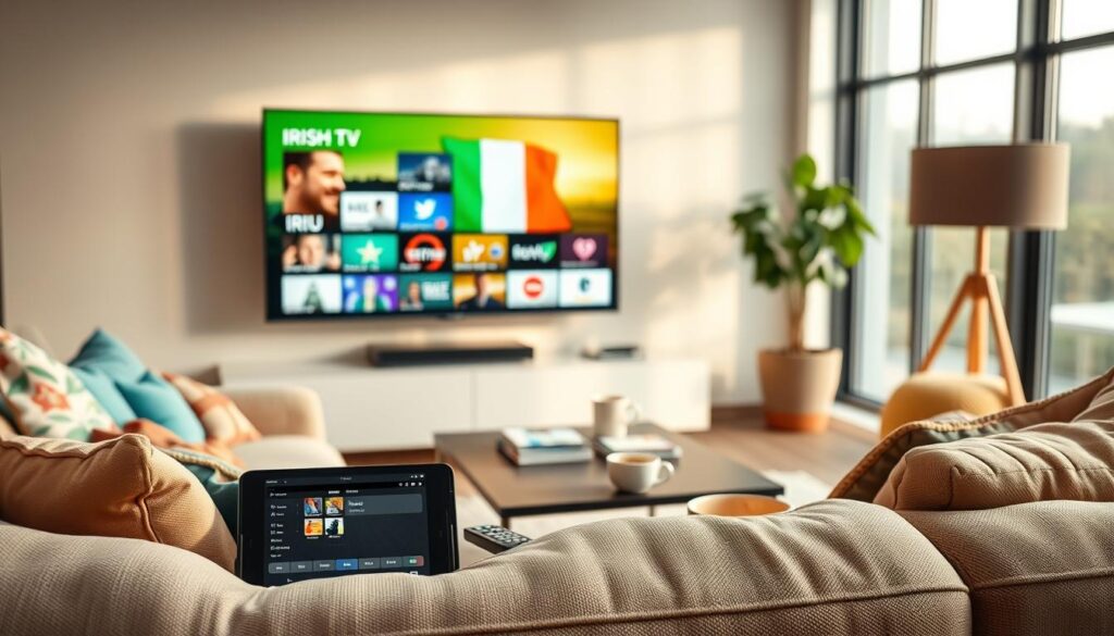 A modern living room scene featuring a sleek TV displaying vibrant Irish TV channels streamed through an IPTV app. In the foreground, a cozy sofa with colorful cushions invites viewers; nearby, a tablet showcases an M3U playlist interface. In the middle, a coffee table holds a remote control, DVDs, and a cup of tea, radiating a sense of comfort. In the background, large windows let in soft, natural light that casts a warm glow throughout the room, enhancing the inviting atmosphere. The focus is on the technology and cozy environment, reflecting a seamless streaming experience across devices. The composition should evoke a sense of ease and joy in accessing Irish television content, with a cinematic depth of field to highlight key elements. A modern living room scene featuring a sleek TV displaying vibrant Irish TV channels streamed through an IPTV app. In the foreground, a cozy sofa with colorful cushions invites viewers; nearby, a tablet showcases an M3U playlist interface. In the middle, a coffee table holds a remote control, DVDs, and a cup of tea, radiating a sense of comfort. In the background, large windows let in soft, natural light that casts a warm glow throughout the room, enhancing the inviting atmosphere. The focus is on the technology and cozy environment, reflecting a seamless streaming experience across devices. The composition should evoke a sense of ease and joy in accessing Irish television content, with a cinematic depth of field to highlight key elements.