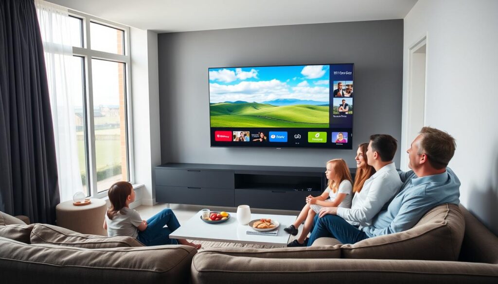 A modern living room scene in Ireland, showcasing a family comfortably watching IPTV on a large flat-screen TV mounted on the wall. In the foreground, a family of four—two adults in professional attire and two children—are seated on a stylish couch, engaged and smiling as they navigate through a colorful IPTV interface on the screen. In the middle, a sleek coffee table with snacks and drinks adds warmth to the family atmosphere. The background features a window with a view of typical Irish scenery, including rolling green hills under a bright blue sky with soft clouds. Natural light streams in, creating a cozy ambiance. The overall mood is inviting and tech-savvy, emphasizing the advantages of IPTV services in a family-friendly setting. A modern living room scene in Ireland, showcasing a family comfortably watching IPTV on a large flat-screen TV mounted on the wall. In the foreground, a family of four—two adults in professional attire and two children—are seated on a stylish couch, engaged and smiling as they navigate through a colorful IPTV interface on the screen. In the middle, a sleek coffee table with snacks and drinks adds warmth to the family atmosphere. The background features a window with a view of typical Irish scenery, including rolling green hills under a bright blue sky with soft clouds. Natural light streams in, creating a cozy ambiance. The overall mood is inviting and tech-savvy, emphasizing the advantages of IPTV services in a family-friendly setting.