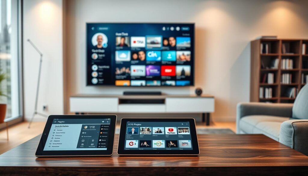A modern living room scene showcasing a sleek, high-tech IPTV interface displayed on a large flat-screen TV, seamlessly managing multiple playlists and channels. In the foreground, a stylish coffee table displays a tablet with a user-friendly IPTV application open, illustrating organized channels and categories. A comfortable sofa is positioned toward the TV, with soft lighting creating a warm atmosphere. In the background, a bookshelf filled with digital media adds to the contemporary vibe. The scene is well-lit, highlighting the digital elements, with a soft focus on the edges to enhance the central IPTV display. The mood is inviting and efficient, reflecting a user-friendly experience in managing IPTV content. A modern living room scene showcasing a sleek, high-tech IPTV interface displayed on a large flat-screen TV, seamlessly managing multiple playlists and channels. In the foreground, a stylish coffee table displays a tablet with a user-friendly IPTV application open, illustrating organized channels and categories. A comfortable sofa is positioned toward the TV, with soft lighting creating a warm atmosphere. In the background, a bookshelf filled with digital media adds to the contemporary vibe. The scene is well-lit, highlighting the digital elements, with a soft focus on the edges to enhance the central IPTV display. The mood is inviting and efficient, reflecting a user-friendly experience in managing IPTV content.