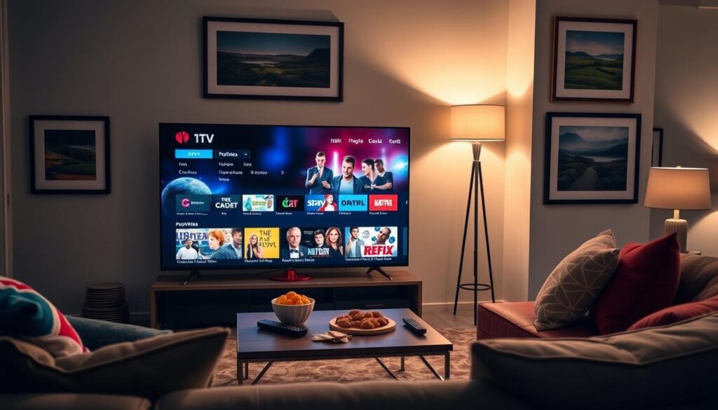 A modern living room scene showcasing a sleek television displaying the interface of an IPTV app, designed specifically for Irish viewers. In the foreground, a comfortable couch with colorful cushions, an elegant coffee table with a remote control, and snacks scattered around. In the middle, the large TV screen highlights the app's vibrant thumbnails for popular Irish shows and movies, artistically lit to emphasize the screen's brightness. In the background, soft lighting from a floor lamp casts a warm glow, with tasteful decorations that reflect Irish culture, such as framed landscapes of the Irish countryside. The mood is inviting and relaxed, resonating with the theme of cord-cutting convenience in a contemporary home. The angle is slightly angled, capturing both the TV screen and the cozy atmosphere.