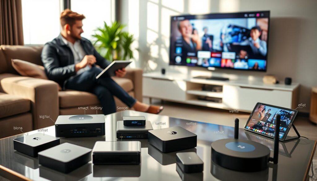 A modern living room scene showcasing a tech-savvy individual sitting comfortably on a stylish couch while studying various streaming devices on a sleek coffee table. In the foreground, focus on a variety of streaming devices displayed prominently, such as smart TVs, streaming boxes, and tablets, with clear labels as to their specifications. In the middle ground, there are devices connected to a wall-mounted TV, displaying vibrant IPTV content on the screen, with signs of high-quality resolution and smooth playback. The background features a window with natural light streaming in, casting gentle shadows, creating a warm, inviting atmosphere. The mood is professional yet relaxed, highlighting the importance of choosing the right devices for optimal IPTV performance in Ireland. A modern living room scene showcasing a tech-savvy individual sitting comfortably on a stylish couch while studying various streaming devices on a sleek coffee table. In the foreground, focus on a variety of streaming devices displayed prominently, such as smart TVs, streaming boxes, and tablets, with clear labels as to their specifications. In the middle ground, there are devices connected to a wall-mounted TV, displaying vibrant IPTV content on the screen, with signs of high-quality resolution and smooth playback. The background features a window with natural light streaming in, casting gentle shadows, creating a warm, inviting atmosphere. The mood is professional yet relaxed, highlighting the importance of choosing the right devices for optimal IPTV performance in Ireland.