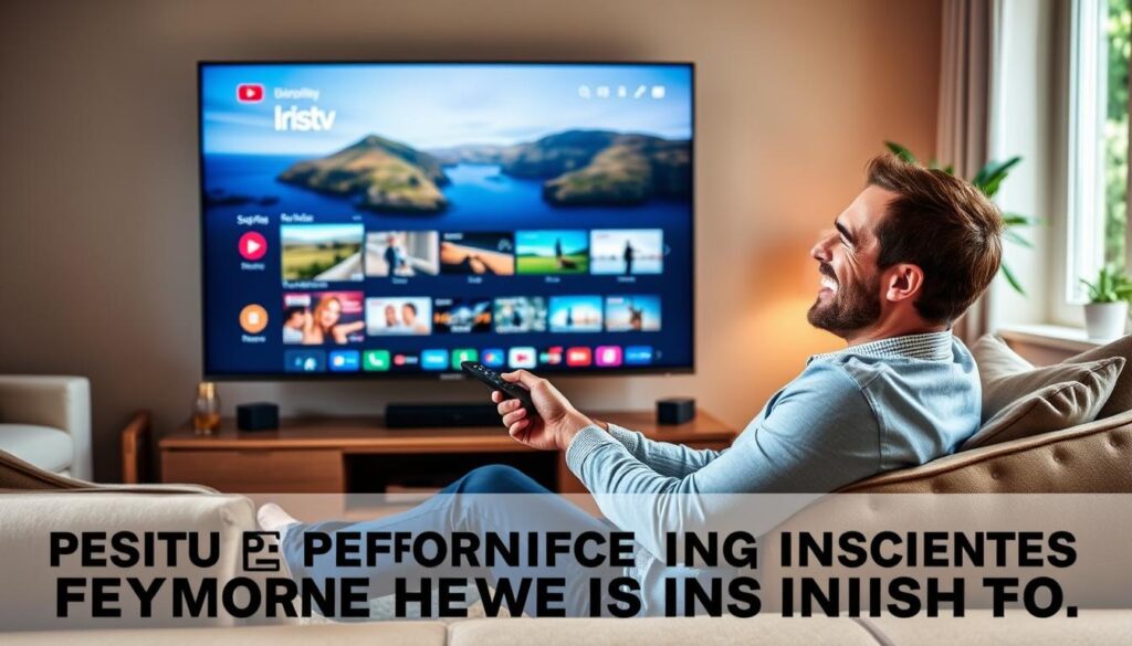 A modern living room scene where a user is joyfully engaging with a sleek IPTV app on a large flat-screen TV. The foreground features a comfortably seated individual in smart casual clothing, holding a remote control and smiling while navigating the app interface displayed on the screen. In the middle, the television showcases vibrant Irish landscapes and TV shows, demonstrating the app's offerings. The background includes stylish decor and warm lighting that creates an inviting atmosphere, with a subtle hint of greenery from a window. The image captures a sense of satisfaction and seamless user experience, emphasizing performance insights through a cozy home setting.