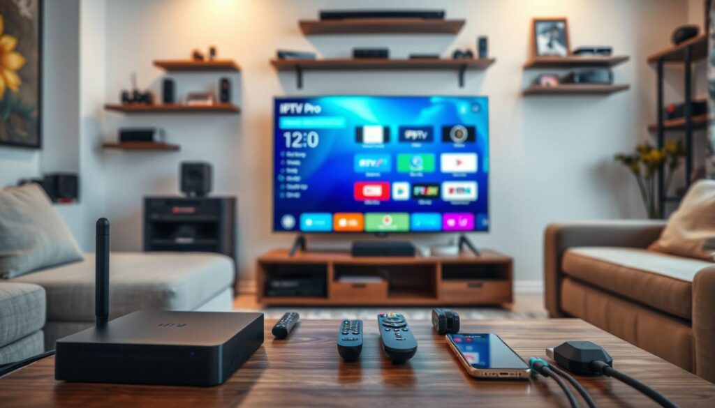A modern living room setting designed for technology enthusiasts, showcasing an IPTV Pro installation. In the foreground, a sleek smart TV displaying a vibrant IPTV interface, surrounded by various compatible devices like a streaming box, a tablet, and a smartphone. The middle ground features a stylish coffee table with remote controls and high-quality cables neatly organized. The background contains a cozy sofa and wall shelves adorned with tech gadgets. Soft, warm lighting creates an inviting atmosphere, emphasizing the technical sophistication of home entertainment. Captured from a slight angle to offer depth, this image reflects a seamless blend of comfort and cutting-edge technology in a domestic space. Bright yet soft lighting highlights the compatibility and modernity of the devices involved. A modern living room setting designed for technology enthusiasts, showcasing an IPTV Pro installation. In the foreground, a sleek smart TV displaying a vibrant IPTV interface, surrounded by various compatible devices like a streaming box, a tablet, and a smartphone. The middle ground features a stylish coffee table with remote controls and high-quality cables neatly organized. The background contains a cozy sofa and wall shelves adorned with tech gadgets. Soft, warm lighting creates an inviting atmosphere, emphasizing the technical sophistication of home entertainment. Captured from a slight angle to offer depth, this image reflects a seamless blend of comfort and cutting-edge technology in a domestic space. Bright yet soft lighting highlights the compatibility and modernity of the devices involved.