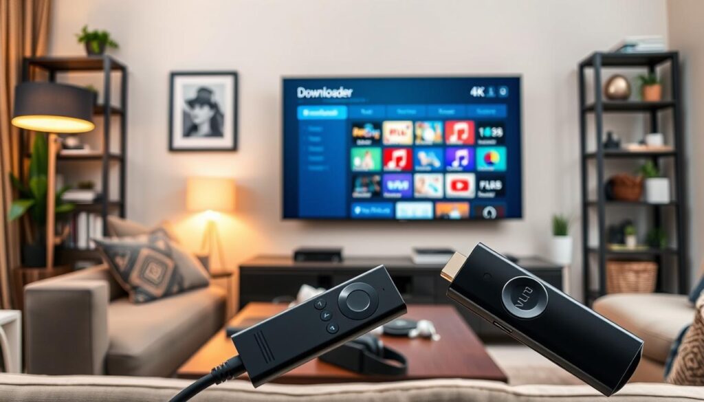 A modern living room setting featuring a 4K television displaying the interface of a "Downloader" app specifically designed for Fire Stick. In the foreground, a sleek, black Fire Stick plugged into the HDMI port of the TV. The middle ground showcases a cozy couch with a decorative throw pillow and a coffee table cluttered with tech gadgets like a remote control and headphones. Soft, warm lighting illuminates the room, creating an inviting atmosphere. The background features a stylish bookshelf filled with books and plants, adding a touch of homeliness. The overall mood is tech-savvy and contemporary, emphasizing a user-friendly environment for installing apps securely. Use a slight overhead angle to capture the setup effectively, ensuring clarity and detail in the app interface. A modern living room setting featuring a 4K television displaying the interface of a "Downloader" app specifically designed for Fire Stick. In the foreground, a sleek, black Fire Stick plugged into the HDMI port of the TV. The middle ground showcases a cozy couch with a decorative throw pillow and a coffee table cluttered with tech gadgets like a remote control and headphones. Soft, warm lighting illuminates the room, creating an inviting atmosphere. The background features a stylish bookshelf filled with books and plants, adding a touch of homeliness. The overall mood is tech-savvy and contemporary, emphasizing a user-friendly environment for installing apps securely. Use a slight overhead angle to capture the setup effectively, ensuring clarity and detail in the app interface.