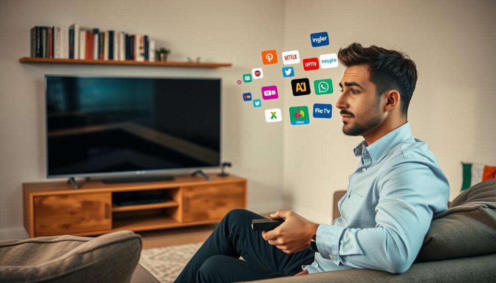 A modern living room setting, featuring a cozy sofa with a Firestick device plugged into a large flat-screen TV. In the foreground, a professional-looking person in smart casual attire is using a remote control, with a thoughtful yet cautious expression, representing the research process for choosing IPTV services. The middle layer showcases vibrant, colorful icons of streaming services floating around the TV, symbolizing various IPTV options. In the background, a neat bookshelf filled with tech-related books and a subtle Irish flag décor item hints at the location. Soft, warm lighting creates an inviting atmosphere while maintaining a sense of professionalism. The overall mood is informative and focused, reflecting the theme of avoiding IPTV scams and ensuring reliability in service selection. A modern living room setting, featuring a cozy sofa with a Firestick device plugged into a large flat-screen TV. In the foreground, a professional-looking person in smart casual attire is using a remote control, with a thoughtful yet cautious expression, representing the research process for choosing IPTV services. The middle layer showcases vibrant, colorful icons of streaming services floating around the TV, symbolizing various IPTV options. In the background, a neat bookshelf filled with tech-related books and a subtle Irish flag décor item hints at the location. Soft, warm lighting creates an inviting atmosphere while maintaining a sense of professionalism. The overall mood is informative and focused, reflecting the theme of avoiding IPTV scams and ensuring reliability in service selection.