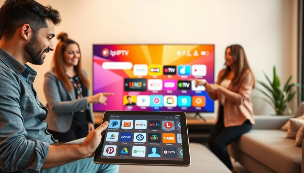A modern living room setting featuring a diverse group of three people—one man and two women—in smart casual attire, gathered around a sleek, large-screen television displaying a vibrant IPTV interface. The foreground shows a tablet with various IPTV app logos prominently displayed. In the middle ground, the individuals are discussing and pointing at the screen, showcasing enthusiasm and engagement. The background is softly lit with warm tones, creating a cozy atmosphere, complete with stylish furniture and decorative plants. The lighting should be inviting, emphasizing the collective excitement about choosing the best IPTV service. The composition captures a sense of decision-making and connection, focusing on modern technology used for entertainment.