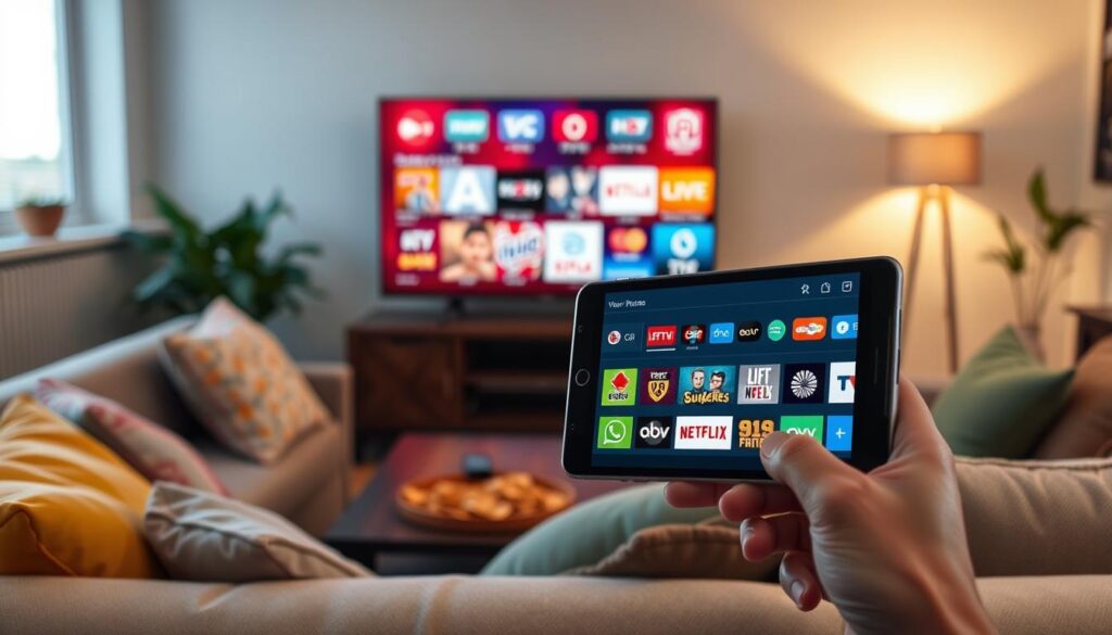 A modern living room setting featuring a sleek Android device displaying a user-friendly IPTV app interface. In the foreground, a cozy couch with colorful cushions, a coffee table with snacks, and a remote control. The middle ground showcases a vibrant TV screen, showcasing a selection of channels with distinct logos and colorful thumbnails. Soft, ambient lighting creates a warm and inviting atmosphere, with a window in the background letting in natural light. The scene conveys a sense of relaxation and enjoyment, ideal for streaming content at home. The angle should be slightly elevated, emphasizing the device and UI on the screen. Ensure the overall mood is friendly and engaging, perfect for family viewing.