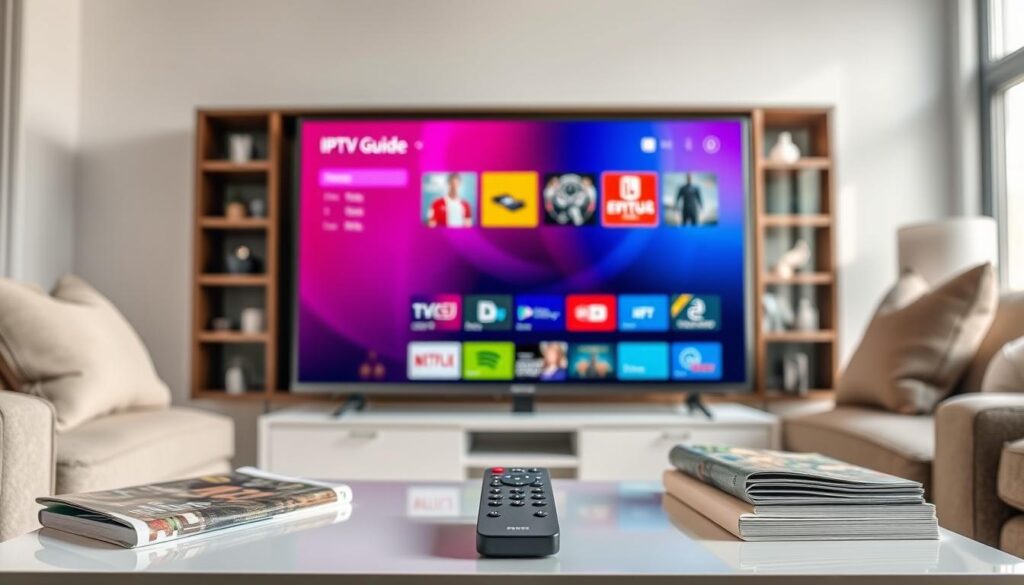 A modern living room setting featuring a sleek IPTV player setup, showcasing a stylish flat-screen TV displaying a vibrant interface of an IPTV guide tailored for Ireland in 2026. In the foreground, a remote control lies on a chic coffee table, surrounded by a few tech-related magazines. In the middle, a comfortable sofa with soft cushions invites viewers to sit down and enjoy. The background shows a well-lit room with a large window allowing natural light to pour in, creating a warm and cozy atmosphere. The overall mood is welcoming and informative, ideal for a tech-savvy audience. Focus on detailed textures and colors, ensuring clarity and vibrancy in the image composition, evoking a sense of ease in choosing the best IPTV player for home entertainment. A modern living room setting featuring a sleek IPTV player setup, showcasing a stylish flat-screen TV displaying a vibrant interface of an IPTV guide tailored for Ireland in 2026. In the foreground, a remote control lies on a chic coffee table, surrounded by a few tech-related magazines. In the middle, a comfortable sofa with soft cushions invites viewers to sit down and enjoy. The background shows a well-lit room with a large window allowing natural light to pour in, creating a warm and cozy atmosphere. The overall mood is welcoming and informative, ideal for a tech-savvy audience. Focus on detailed textures and colors, ensuring clarity and vibrancy in the image composition, evoking a sense of ease in choosing the best IPTV player for home entertainment.