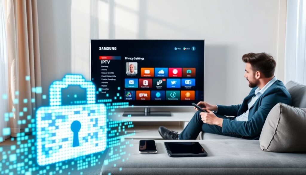 A modern living room setting featuring a sleek Samsung Smart TV displaying an IPTV app interface. In the foreground, a pixelated digital lock symbol overlays the screen, representing privacy and security. A person, dressed in smart casual attire, sits on a comfortable sofa, intently watching TV while holding a remote control. In the middle ground, a smartphone and tablet are placed on the coffee table, showing privacy settings. The background includes subtle shadows of curtains, allowing soft natural light to enter the room, creating a warm and secure atmosphere. The image captures a sense of protection and awareness in the digital age, emphasizing the importance of secure IPTV use.