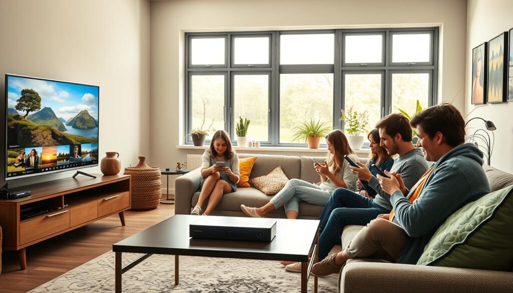A modern living room setting featuring a sleek smart TV displaying vibrant Irish landscapes and local shows, with a streaming device on a stylish coffee table. In the foreground, a family of four, dressed in comfortable casual attire, engages with various devices like tablets and smartphones, showcasing their interactive IPTV experience. In the middle ground, bright natural light pours in through large windows, illuminating a cozy couch adorned with colorful pillows. The background reveals a minimalist decor with plants and artwork that reflect Irish culture, creating a warm and inviting atmosphere. The mood is lively and engaging, highlighting the family enjoying their enhanced IPTV features together. Use soft, diffused lighting to enhance the sense of comfort and togetherness. A modern living room setting featuring a sleek smart TV displaying vibrant Irish landscapes and local shows, with a streaming device on a stylish coffee table. In the foreground, a family of four, dressed in comfortable casual attire, engages with various devices like tablets and smartphones, showcasing their interactive IPTV experience. In the middle ground, bright natural light pours in through large windows, illuminating a cozy couch adorned with colorful pillows. The background reveals a minimalist decor with plants and artwork that reflect Irish culture, creating a warm and inviting atmosphere. The mood is lively and engaging, highlighting the family enjoying their enhanced IPTV features together. Use soft, diffused lighting to enhance the sense of comfort and togetherness.