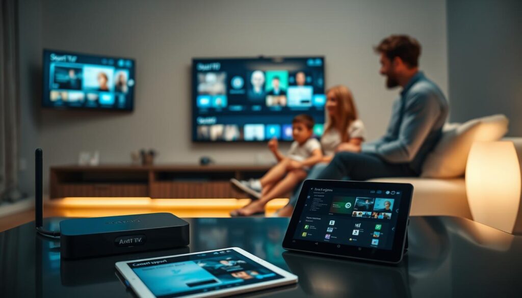 A modern living room setting featuring an Android TV box connected to a large screen displaying various IPTV player interfaces. In the foreground, a sleek, stylish coffee table holds an open subscription pamphlet and a tablet showing a content support interface. The middle focus includes a family engaged with the TV, dressed in smart casual attire, appearing excited about their viewing options. In the background, dim LED lights create a cozy atmosphere, accentuating the entertainment space. Use soft, warm lighting to enhance the inviting mood, with a slight focus on the TV screen to emphasize the IPTV player’s features. The angle is slightly elevated, capturing both the family interaction and the tech setup seamlessly.
