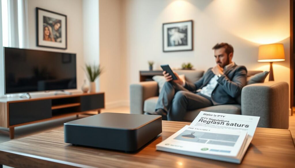 A modern living room setting, showcasing a sleek, stylish TV setup with an IPTV device prominently displayed on a media console. In the foreground, a concerned individual in business attire sits on a contemporary sofa, intently examining their tablet, highlighting a focus on safety. The middle layer features a cozy coffee table with information pamphlets on IPTV regulations in Ireland, hinting at the topic of safety. The background consists of well-lit, neutral-colored walls adorned with subtle artwork, creating a calm yet informative atmosphere. Warm lighting enhances the inviting feel, while a soft focus lens adds depth to the scene, evoking a sense of contemplation about IPTV usage. A modern living room setting, showcasing a sleek, stylish TV setup with an IPTV device prominently displayed on a media console. In the foreground, a concerned individual in business attire sits on a contemporary sofa, intently examining their tablet, highlighting a focus on safety. The middle layer features a cozy coffee table with information pamphlets on IPTV regulations in Ireland, hinting at the topic of safety. The background consists of well-lit, neutral-colored walls adorned with subtle artwork, creating a calm yet informative atmosphere. Warm lighting enhances the inviting feel, while a soft focus lens adds depth to the scene, evoking a sense of contemplation about IPTV usage.