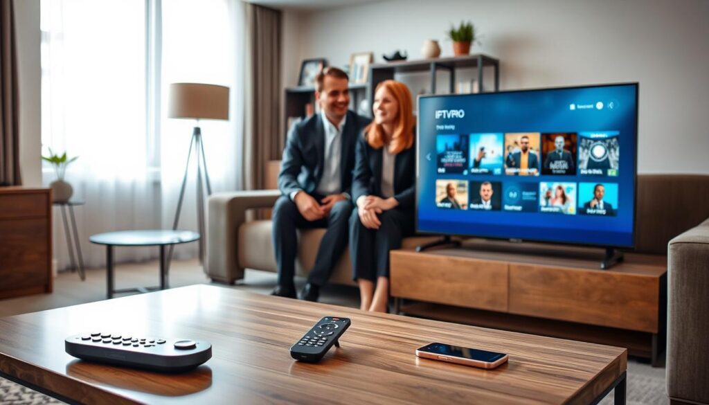A modern living room setting showcasing a smart TV with IPTV Pro interface displayed on the screen. In the foreground, a sleek coffee table with a remote control and a smartphone, both highlighting advanced tech features. The middle ground features a comfortable sofa, with a diverse group of two individuals—one male and one female—dressed in professional attire, animatedly discussing the IPTV Pro features. The background reveals a stylish bookshelf and contemporary decor, with soft natural light pouring in from a window, creating a warm and inviting atmosphere. The overall mood is focused and informative, reflecting the sophistication and innovation of IPTV Pro in Ireland. A modern living room setting showcasing a smart TV with IPTV Pro interface displayed on the screen. In the foreground, a sleek coffee table with a remote control and a smartphone, both highlighting advanced tech features. The middle ground features a comfortable sofa, with a diverse group of two individuals—one male and one female—dressed in professional attire, animatedly discussing the IPTV Pro features. The background reveals a stylish bookshelf and contemporary decor, with soft natural light pouring in from a window, creating a warm and inviting atmosphere. The overall mood is focused and informative, reflecting the sophistication and innovation of IPTV Pro in Ireland.