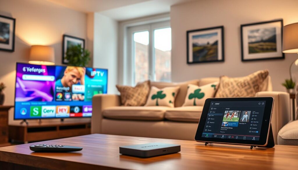 A modern living room setting showcasing an IPTV streaming solution tailored for Irish viewers. In the foreground, a sleek Smart TV displays a vibrant interface with an easy-to-navigate guide featuring popular Irish channels. On the coffee table, a stylish remote control and a tablet with the IPTV app opened, highlighting its user-friendly features. In the middle, a sofa adorned with cozy Irish-themed cushions invites viewers to relax while watching. The background features a window with soft, natural light streaming in, accentuating the comfortable and inviting atmosphere. The room is adorned with subtle Irish decor, such as framed landscapes of the Irish countryside. The lighting is warm and ambient, creating a welcoming vibe, while the overall composition emphasizes modern technology in a homey environment.