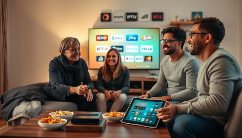 A modern living room setting, showcasing an Irish family engaged with their IPTV service on a sleek flat-screen TV. In the foreground, a diverse group of three individuals — a middle-aged man and woman in smart casual attire, and a young adult male with glasses — are interacting with a remote control, their expressions reflecting excitement and satisfaction. The middle ground features a stylish coffee table adorned with streaming device, snacks, and a tablet displaying an IPTV interface. In the background, a wall-mounted shelf displays various streaming service logos subtly. Soft, warm lighting creates a cozy and inviting atmosphere, with a depth of field that keeps the focus on the family interaction while gently blurring the background. The overall mood is one of contentment and modern lifestyle. A modern living room setting, showcasing an Irish family engaged with their IPTV service on a sleek flat-screen TV. In the foreground, a diverse group of three individuals — a middle-aged man and woman in smart casual attire, and a young adult male with glasses — are interacting with a remote control, their expressions reflecting excitement and satisfaction. The middle ground features a stylish coffee table adorned with streaming device, snacks, and a tablet displaying an IPTV interface. In the background, a wall-mounted shelf displays various streaming service logos subtly. Soft, warm lighting creates a cozy and inviting atmosphere, with a depth of field that keeps the focus on the family interaction while gently blurring the background. The overall mood is one of contentment and modern lifestyle.