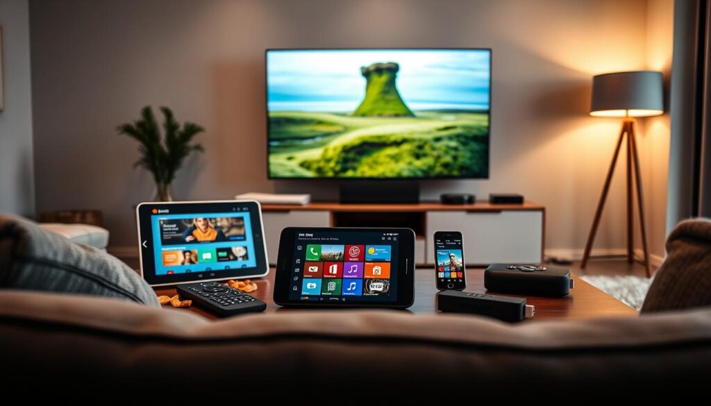 A modern living room setting showcasing various compatible devices for Smarters IPTV Pro, including a smart TV, a tablet, a smartphone, and a streaming device like a Roku or Amazon Fire Stick, all neatly arranged on a stylish coffee table. The foreground features a cozy sofa with a remote control and some snacks, while the middle ground highlights the devices with clear detail, showcasing their screens displaying a vibrant IPTV interface. The background contains soft, ambient lighting with a framed poster of an Irish landscape, creating a warm and inviting atmosphere. The scene is viewed from a mid-angle perspective, creating depth while emphasizing the technology in use. The overall mood is modern and tech-savvy, inviting Irish viewers to explore the possibilities. A modern living room setting showcasing various compatible devices for Smarters IPTV Pro, including a smart TV, a tablet, a smartphone, and a streaming device like a Roku or Amazon Fire Stick, all neatly arranged on a stylish coffee table. The foreground features a cozy sofa with a remote control and some snacks, while the middle ground highlights the devices with clear detail, showcasing their screens displaying a vibrant IPTV interface. The background contains soft, ambient lighting with a framed poster of an Irish landscape, creating a warm and inviting atmosphere. The scene is viewed from a mid-angle perspective, creating depth while emphasizing the technology in use. The overall mood is modern and tech-savvy, inviting Irish viewers to explore the possibilities.