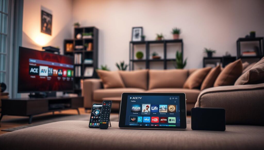 A modern living room setting showcasing various devices compatible with ACE TV IPTV. In the foreground, a sleek smart TV displays the ACE TV interface, with a tablet and smartphone placed beside it, both displaying the app. The middle ground features a cozy sofa with a couple of remote controls casually placed nearby. Soft ambient lighting creates a warm atmosphere, emphasizing the inviting space. In the background, a stylish bookshelf and potted plants add to the homey feel. The shot is taken at a slightly elevated angle, capturing a wide view of the room while maintaining focus on the devices. The overall mood is relaxed yet tech-savvy, suitable for Irish viewers exploring device compatibility for IPTV services in 2026. A modern living room setting showcasing various devices compatible with ACE TV IPTV. In the foreground, a sleek smart TV displays the ACE TV interface, with a tablet and smartphone placed beside it, both displaying the app. The middle ground features a cozy sofa with a couple of remote controls casually placed nearby. Soft ambient lighting creates a warm atmosphere, emphasizing the inviting space. In the background, a stylish bookshelf and potted plants add to the homey feel. The shot is taken at a slightly elevated angle, capturing a wide view of the room while maintaining focus on the devices. The overall mood is relaxed yet tech-savvy, suitable for Irish viewers exploring device compatibility for IPTV services in 2026.