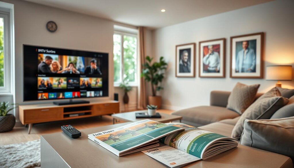 A modern living room setting tailored for Irish viewers using an IPTV streaming solution. In the foreground, show a sleek television displaying vibrant Irish cultural content, with a remote beside it, emphasizing user-friendly navigation. In the middle, depict a stylish coffee table with subscription plan brochures spread out, highlighting various pricing options in an organized manner. On the walls, hang framed traditional Irish art for cultural resonance. The background should feature soft, warm lighting, giving a cozy and inviting atmosphere, with lush greenery visible through a window to indicate an outdoor scene. Use a slightly angled perspective to enhance depth, ensuring the scene feels homey yet professional.