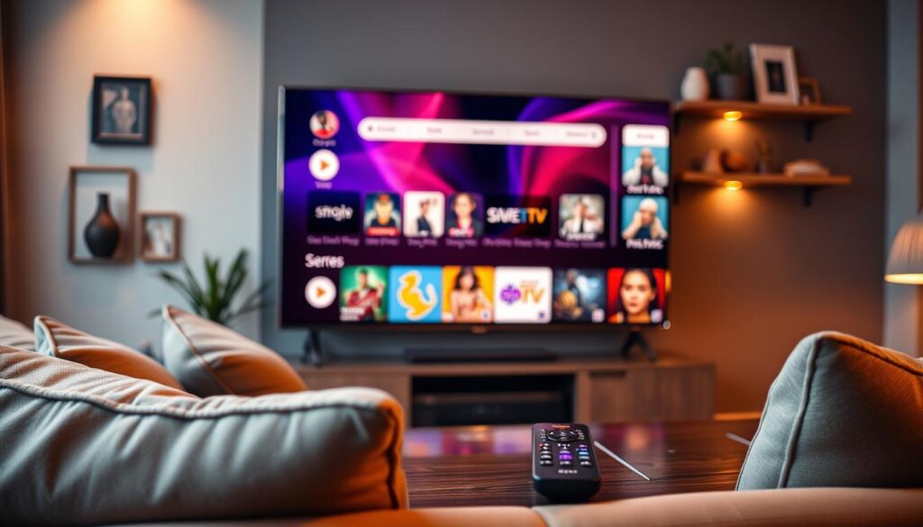 A modern living room setting with a sleek Android TV prominently displaying a vibrant IPTV player interface featuring advanced features like a grid of colorful streaming app icons, a responsive search bar, and a sidebar showcasing recommendations. In the foreground, a comfortable sofa adorned with stylish cushions invites viewers. On a nearby coffee table, a high-tech remote control glimmers under soft, ambient lighting, creating a warm and inviting atmosphere. The background shows a tastefully decorated wall with a wall-mounted shelf holding contemporary decor pieces. The lighting is warm and inviting, emphasizing the sleek design and functionality of the IPTV player. The angle is slightly elevated, capturing both the TV screen and the inviting aesthetics of the living room. The overall mood is contemporary and tech-savvy, reflecting a modern entertainment experience.