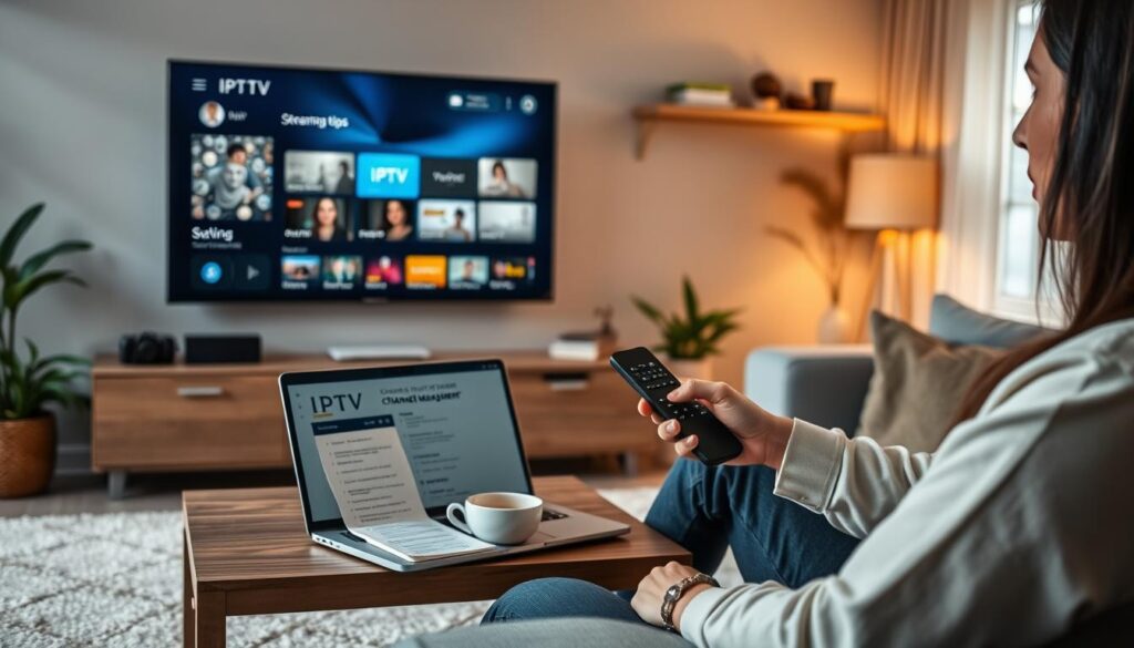 A modern living room setting with a sleek black TV displaying an IPTV interface. In the foreground, a person in professional casual attire is intently using a remote control, with a laptop open beside them showcasing IPTV management software. The middle ground features a small coffee table with a notepad filled with streaming tips, a cup of coffee, and a plant adding life to the scene. The background is softly lit with warm tones, highlighting cozy decor and a window with gentle daylight streaming in, creating an inviting and focused atmosphere. The composition should evoke a sense of reliability and professionalism, showcasing effective IPTV channel management practices. A modern living room setting with a sleek black TV displaying an IPTV interface. In the foreground, a person in professional casual attire is intently using a remote control, with a laptop open beside them showcasing IPTV management software. The middle ground features a small coffee table with a notepad filled with streaming tips, a cup of coffee, and a plant adding life to the scene. The background is softly lit with warm tones, highlighting cozy decor and a window with gentle daylight streaming in, creating an inviting and focused atmosphere. The composition should evoke a sense of reliability and professionalism, showcasing effective IPTV channel management practices.