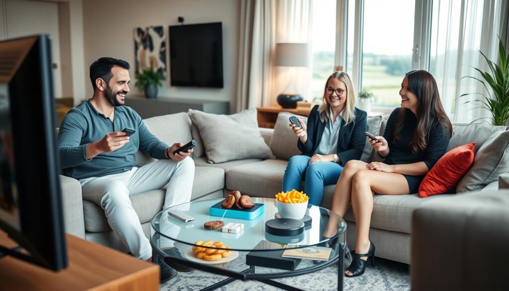 A modern living room setup featuring a diverse group of three people—one man and two women—engaged in a lively discussion about IPTV services. The foreground shows the trio seated on a comfortable sofa, each holding a remote control, with various devices like a smart TV and streaming gadgets around them. The middle ground depicts a stylish coffee table with snacks, emphasizing a casual yet focused atmosphere. The background features a cozy home environment with soft lighting, accentuating a relaxed vibe. A window with a view of the Irish countryside subtly hints at the setting. The mood is engaging and informative, capturing the user experience of testing IPTV providers, without distractions or text. A modern living room setup featuring a diverse group of three people—one man and two women—engaged in a lively discussion about IPTV services. The foreground shows the trio seated on a comfortable sofa, each holding a remote control, with various devices like a smart TV and streaming gadgets around them. The middle ground depicts a stylish coffee table with snacks, emphasizing a casual yet focused atmosphere. The background features a cozy home environment with soft lighting, accentuating a relaxed vibe. A window with a view of the Irish countryside subtly hints at the setting. The mood is engaging and informative, capturing the user experience of testing IPTV providers, without distractions or text.