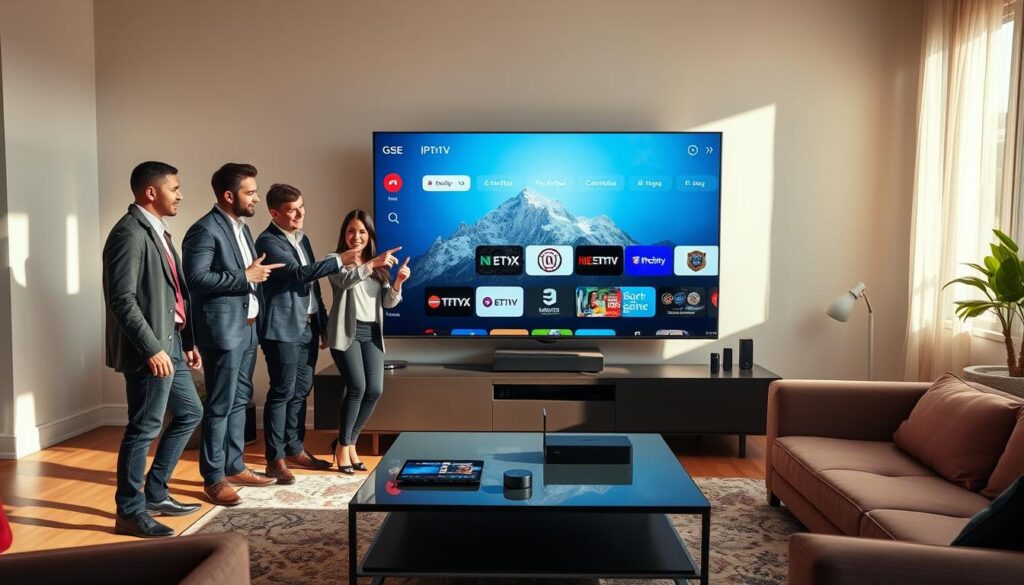 A modern living room setup featuring a stylish smart TV prominently displaying the GSE Smart IPTV interface. In the foreground, a diverse group of three individuals of varying ages, dressed in smart casual attire, are engaged in a friendly discussion while pointing at the TV screen. The middle ground includes a sleek coffee table adorned with a tablet and streaming devices, symbolizing easy access to content. The background showcases a large window with natural daylight streaming in, illuminating the room and creating a warm, inviting atmosphere. Soft shadows are cast around the space, providing a sense of depth. The overall mood is one of excitement and engagement with technology, emphasizing modern entertainment usage.