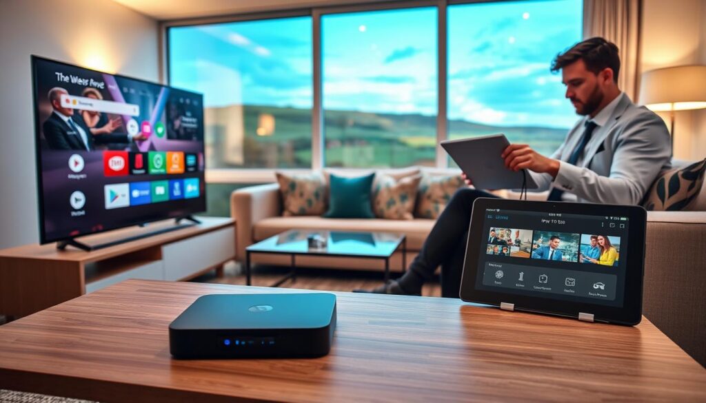 A modern living room setup highlighting device compatibility for IPTV users in Ireland. In the foreground, a sleek smart TV displays various streaming apps with vibrant icons. A stylish set-top box and a tablet showcasing an IPTV interface are prominently placed on a contemporary coffee table. To the side, a tech-savvy individual dressed in professional attire is connecting cables, demonstrating the setup process. In the middle ground, a comfortable sofa with decorative pillows invites relaxation. The background features soft, ambient lighting that creates a cozy atmosphere, with a large window showing a scenic view of the Irish countryside. The overall mood is informative and welcoming, ideal for guiding viewers on device compatibility for IPTV in Ireland. A modern living room setup highlighting device compatibility for IPTV users in Ireland. In the foreground, a sleek smart TV displays various streaming apps with vibrant icons. A stylish set-top box and a tablet showcasing an IPTV interface are prominently placed on a contemporary coffee table. To the side, a tech-savvy individual dressed in professional attire is connecting cables, demonstrating the setup process. In the middle ground, a comfortable sofa with decorative pillows invites relaxation. The background features soft, ambient lighting that creates a cozy atmosphere, with a large window showing a scenic view of the Irish countryside. The overall mood is informative and welcoming, ideal for guiding viewers on device compatibility for IPTV in Ireland.